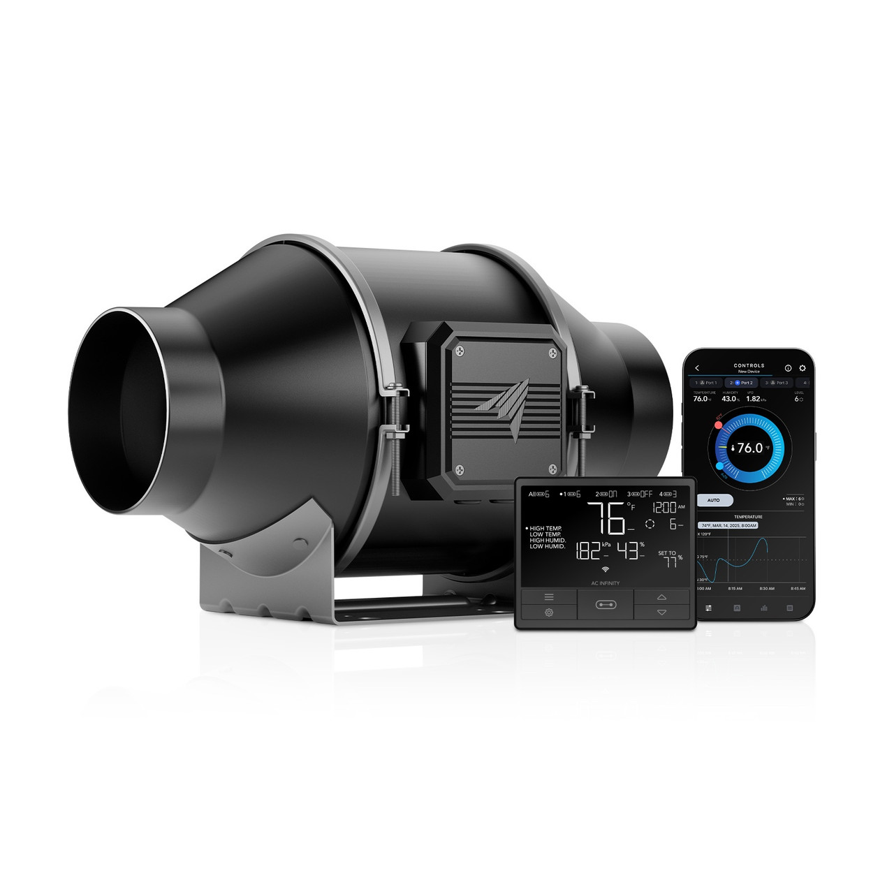 AC Infinity CLOUDLINE T4 four-inch inline duct fan, a black cylindrical mixed-flow fan unit with a detachable motor housing and a wired temperature controller module