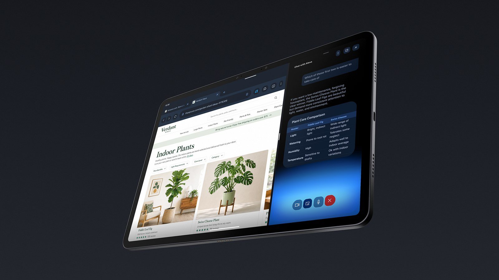 Alexa Tablet 12 Pro in landscape showing a shopping page for indoor plants on the left and an Alexa+ side panel on the right with a plant care comparison table