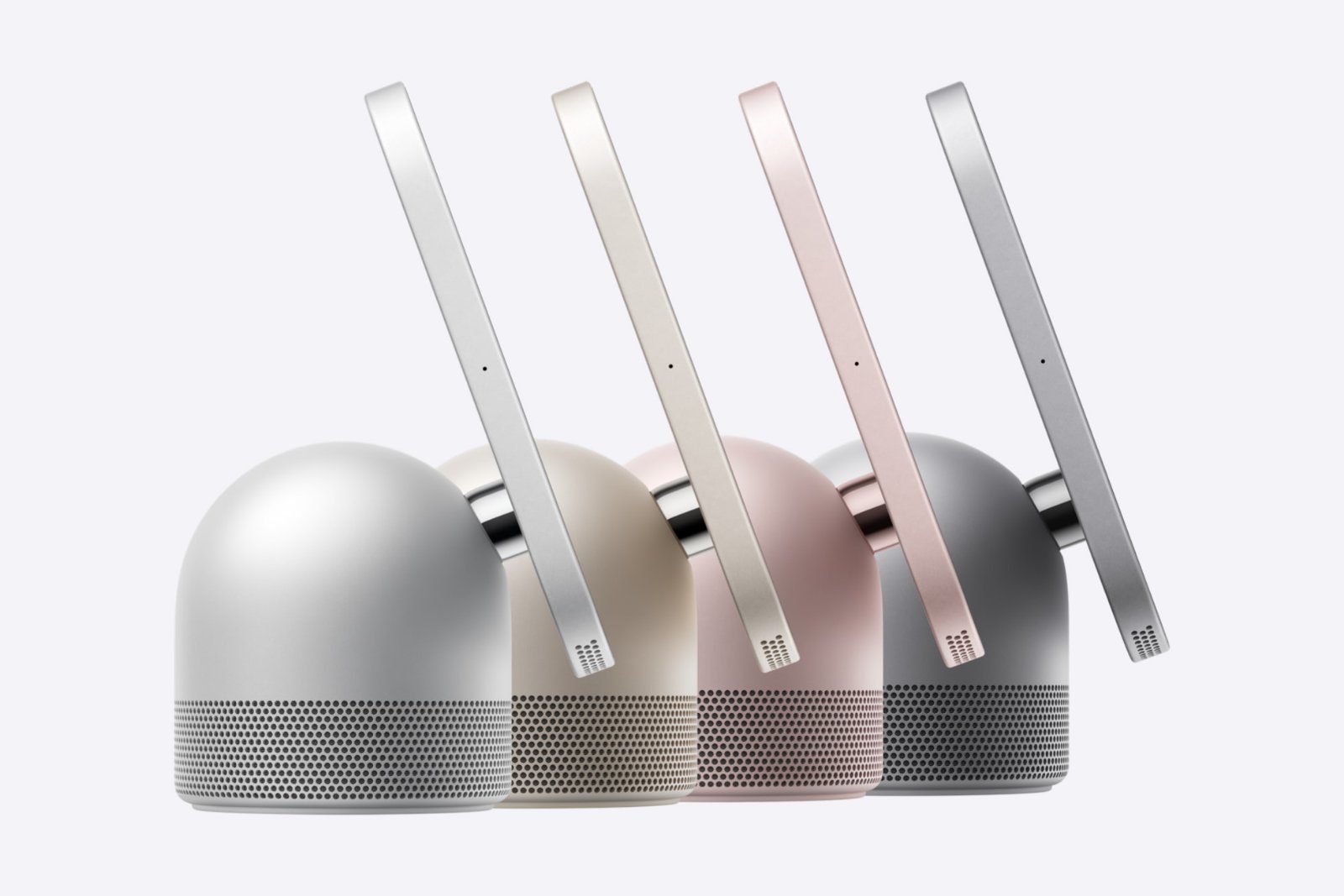 Apple HomeView in four colors, silver, starlight, rose pink, and space gray, shown side by side from the back with the display tilted on its hinge above the domed speaker base