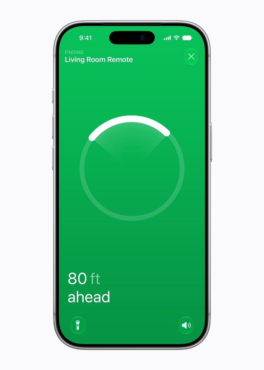 An iPhone screen showing Find My Precision Finding locating a Living Room Remote 80 feet ahead