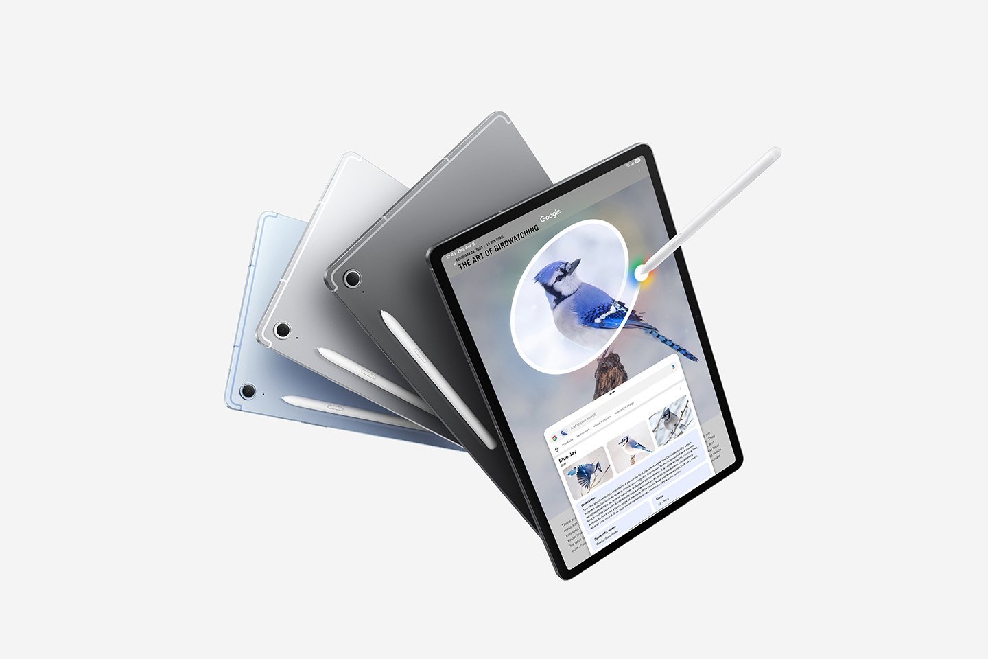 Four Samsung Galaxy Tab S10 FE series tablets fanned out in gray, silver, and blue, with an S Pen drawing on the front screen