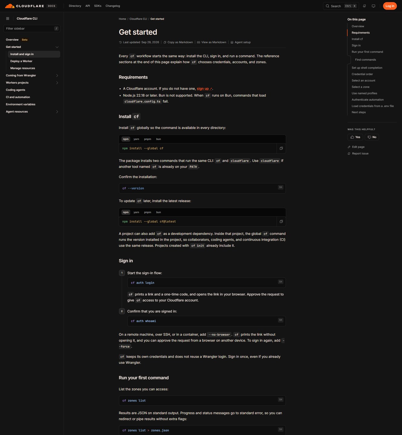 Cloudflare's cf CLI get-started documentation page showing the install and sign-in commands
