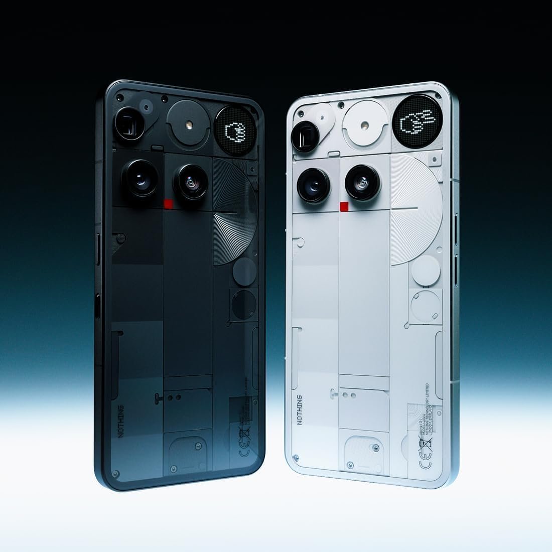 Nothing Phone (3) in black and in white, shown from the back with its transparent panels, three camera lenses, and round Glyph Matrix display