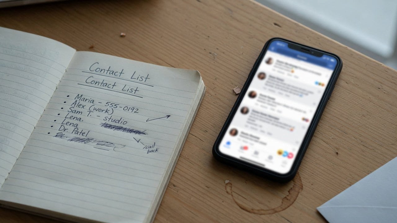 An open notebook with a handwritten contact list lying on a wooden desk next to a smartphone showing a social media feed